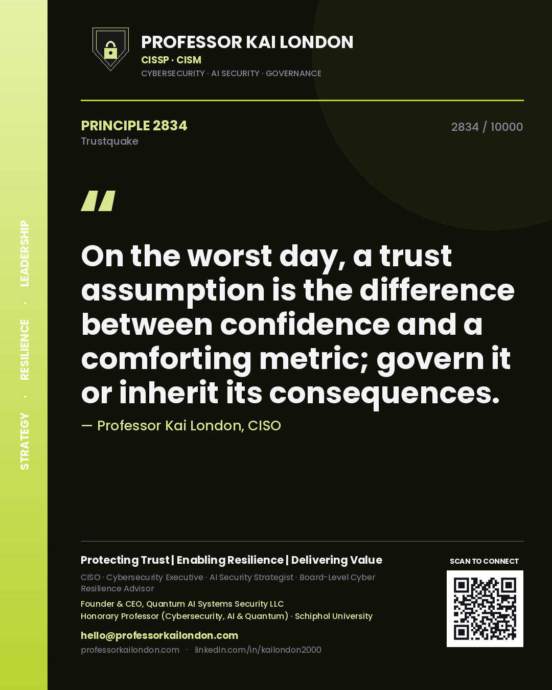 Professor Kai London principle 2834: On the worst day, a trust assumption is the difference between confidence and a comforting metric; govern it or inherit its consequences.