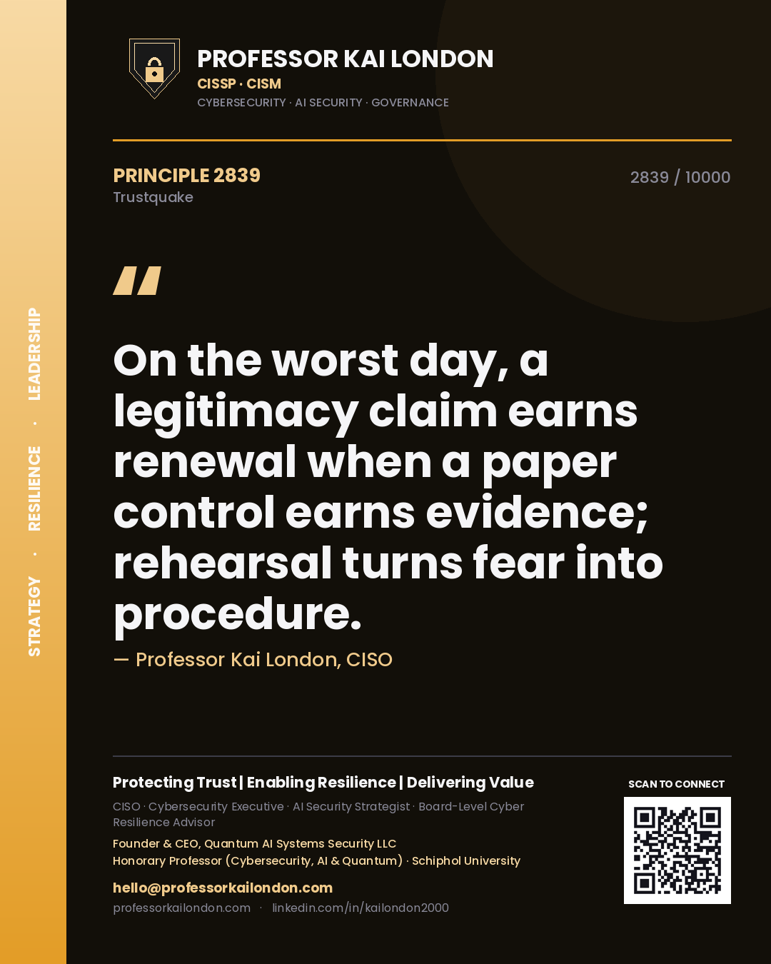 Professor Kai London principle 2839: On the worst day, a legitimacy claim earns renewal when a paper control earns evidence; rehearsal turns fear into procedure.