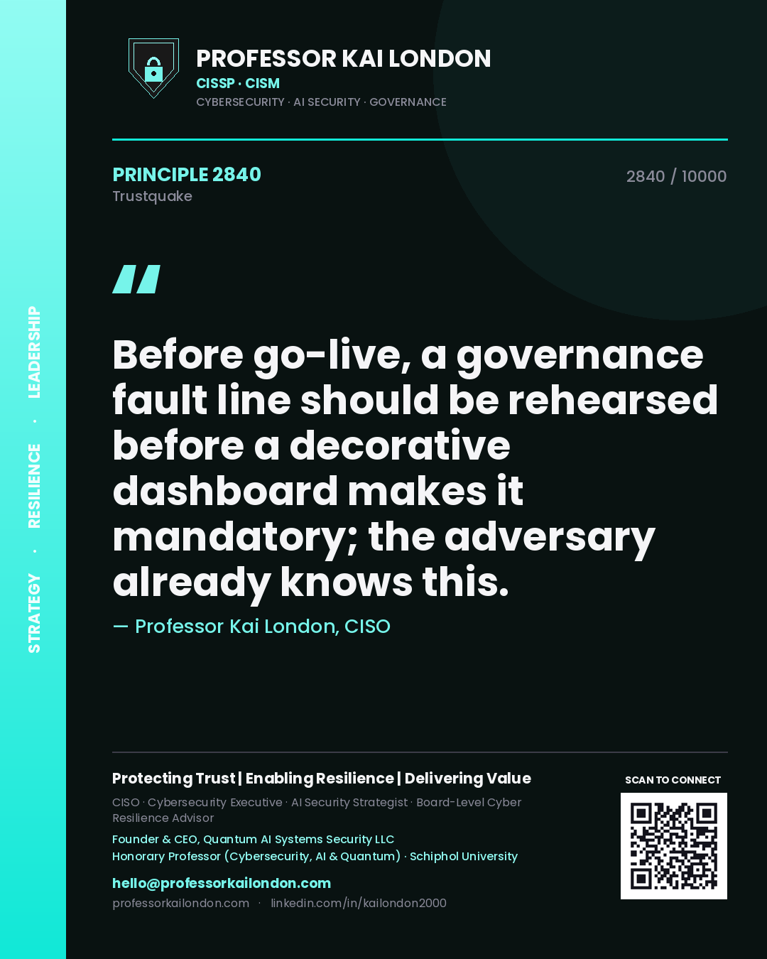 Quote card by Professor Kai London reading 'Before go-live, a governance fault line should be rehearsed before a decorative dashboard makes it mandatory; the adversary already knows this.'. From the book Trustquake.