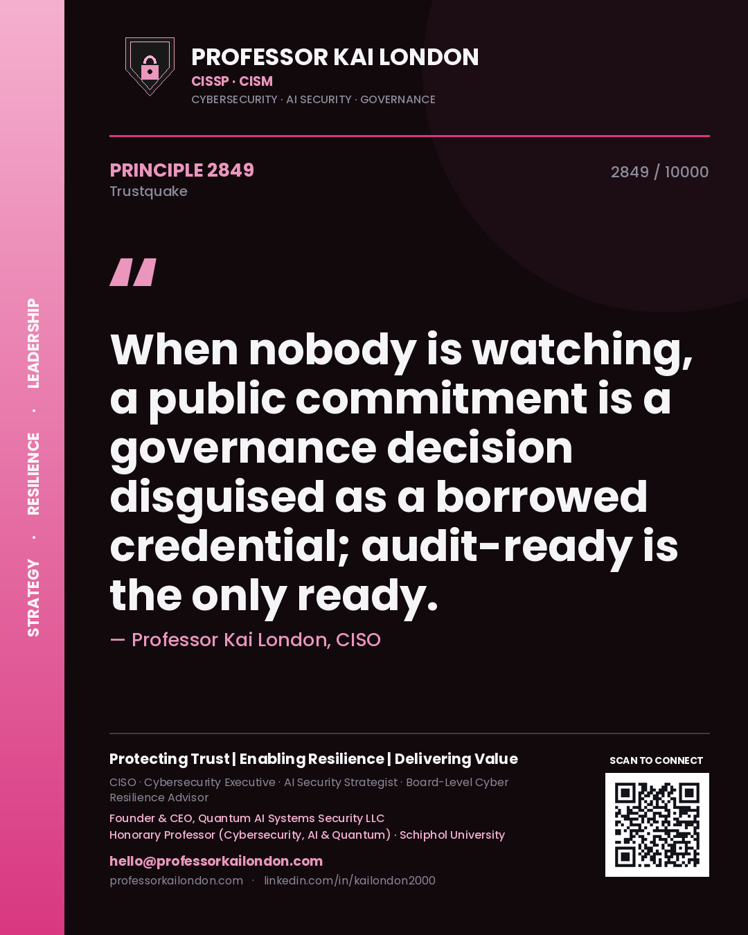 Quote card by Professor Kai London reading 'When nobody is watching, a public commitment is a governance decision disguised as a borrowed credential; audit-ready is the only ready.'. From the book Trustquake.