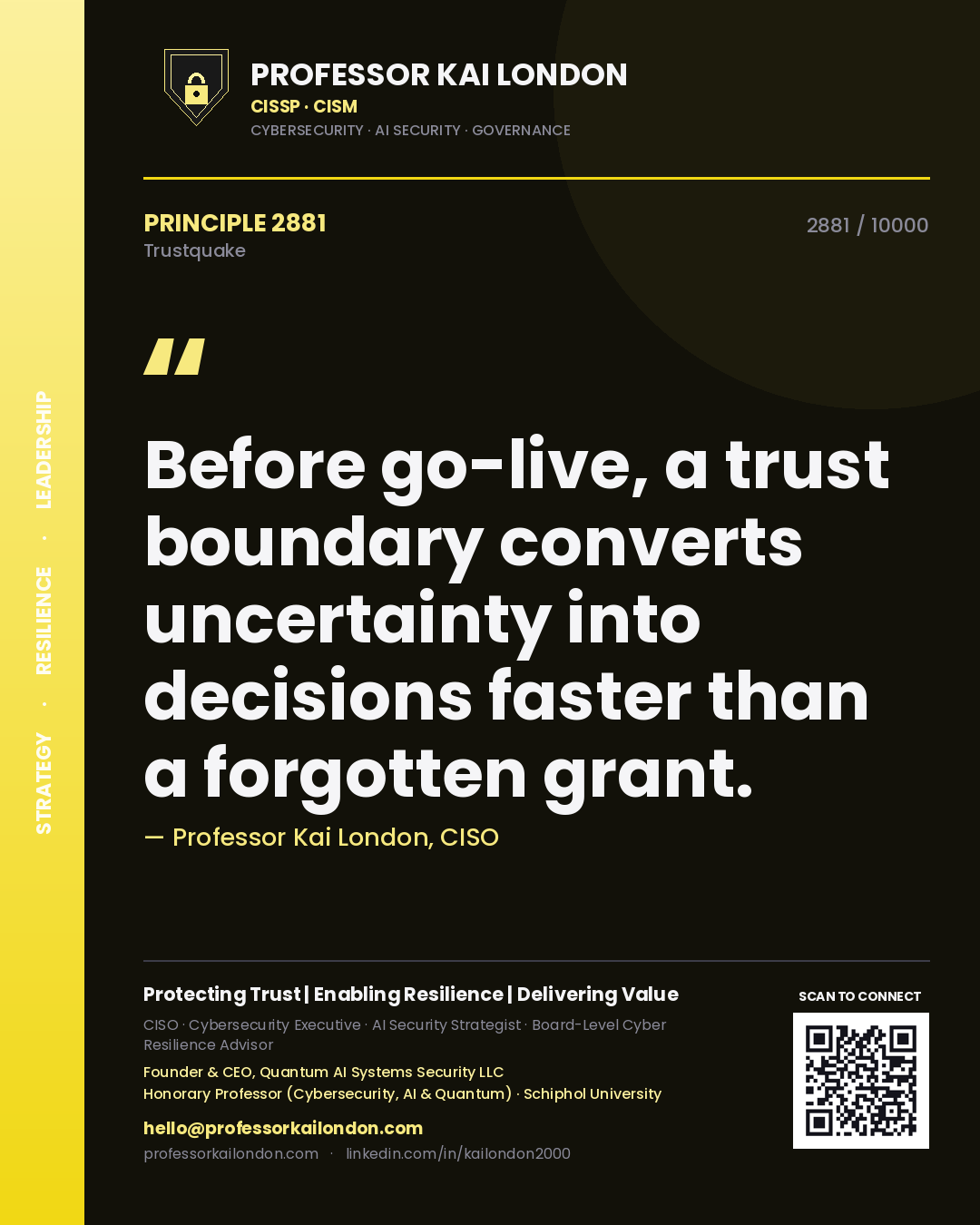 Quote card by Professor Kai London reading 'Before go-live, a trust boundary converts uncertainty into decisions faster than a forgotten grant.'. From the book Trustquake.
