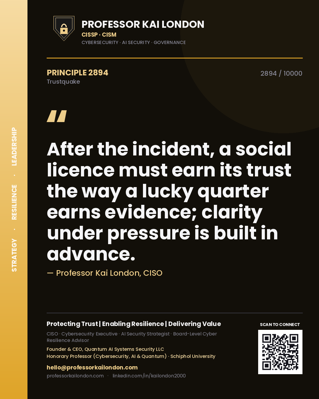 Quote card by Professor Kai London reading 'After the incident, a social licence must earn its trust the way a lucky quarter earns evidence; clarity under pressure is built in advance.'. From the book Trustquake.