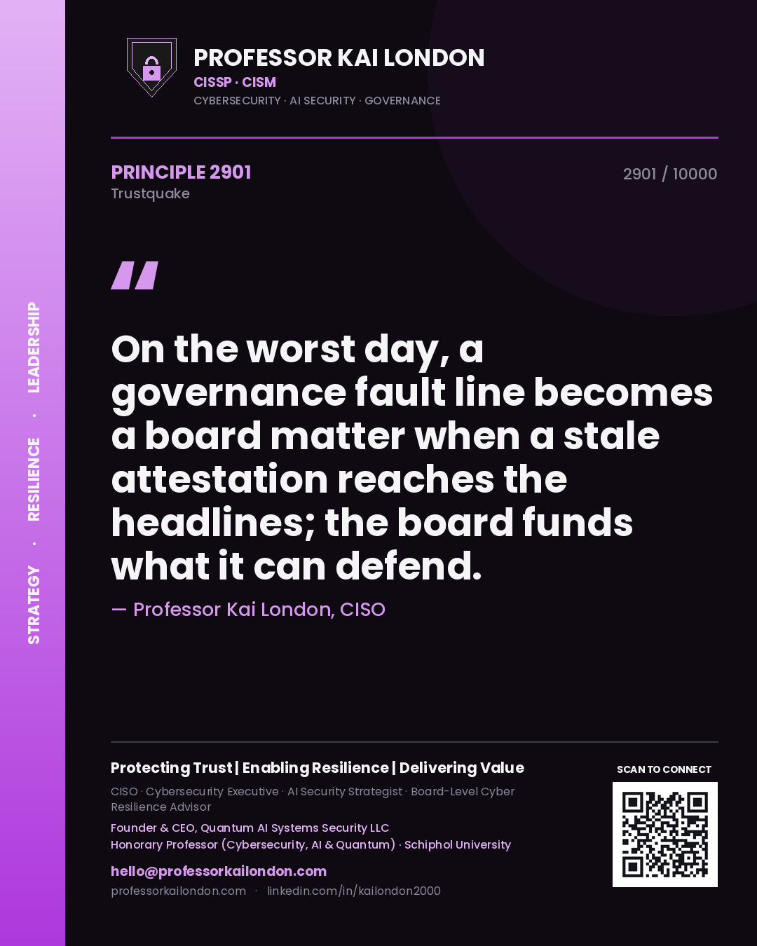 Quote card by Professor Kai London reading 'On the worst day, a governance fault line becomes a board matter when a stale attestation reaches the headlines; the board funds what it can defend.'. From the book Trustquake.