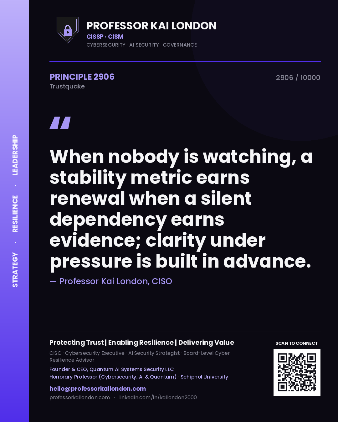 Quote card by Professor Kai London reading 'When nobody is watching, a stability metric earns renewal when a silent dependency earns evidence; clarity under pressure is built in advance.'. From the book Trustquake.