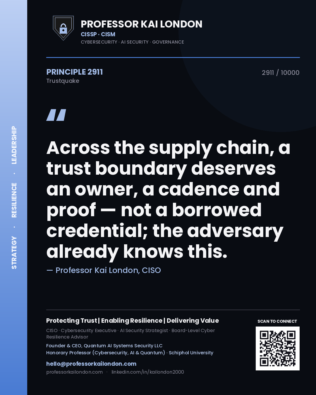 Quote card by Professor Kai London reading 'Across the supply chain, a trust boundary deserves an owner, a cadence and proof — not a borrowed credential; the adversary already knows this.'. From the book Trustquake.