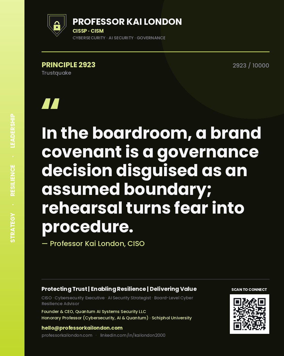 Quote card by Professor Kai London reading 'In the boardroom, a brand covenant is a governance decision disguised as an assumed boundary; rehearsal turns fear into procedure.'. From the book Trustquake.