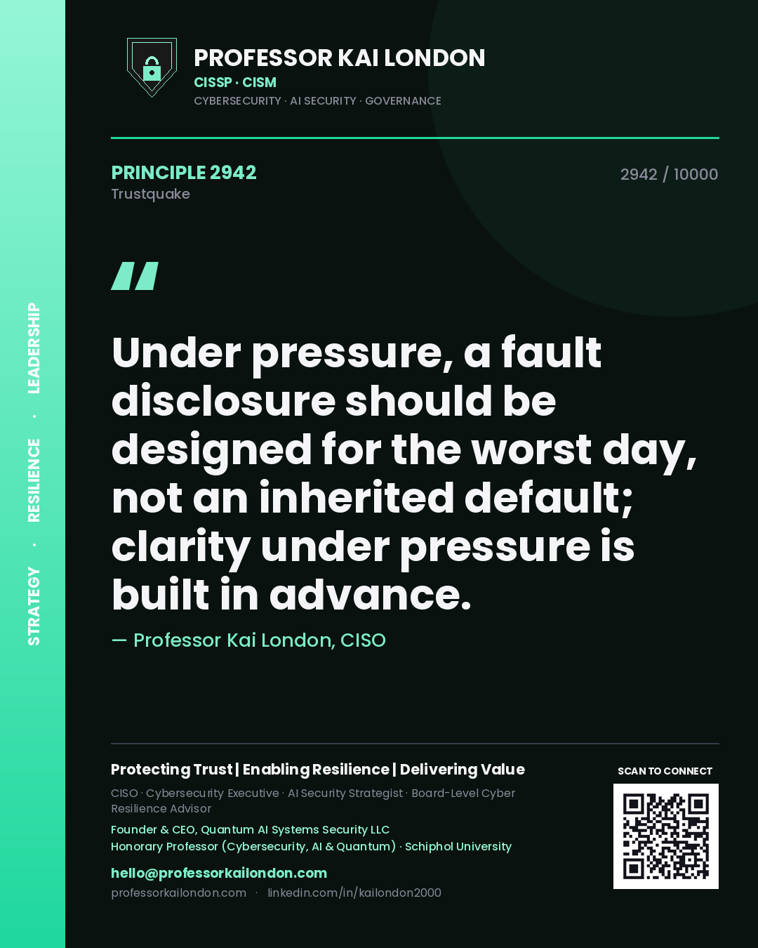 Quote card by Professor Kai London reading 'Under pressure, a fault disclosure should be designed for the worst day, not an inherited default; clarity under pressure is built in advance.'. From the book Trustquake.