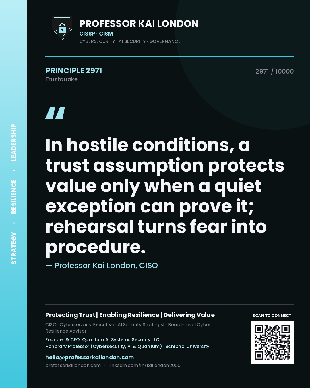 Quote card by Professor Kai London reading 'In hostile conditions, a trust assumption protects value only when a quiet exception can prove it; rehearsal turns fear into procedure.'. From the book Trustquake.