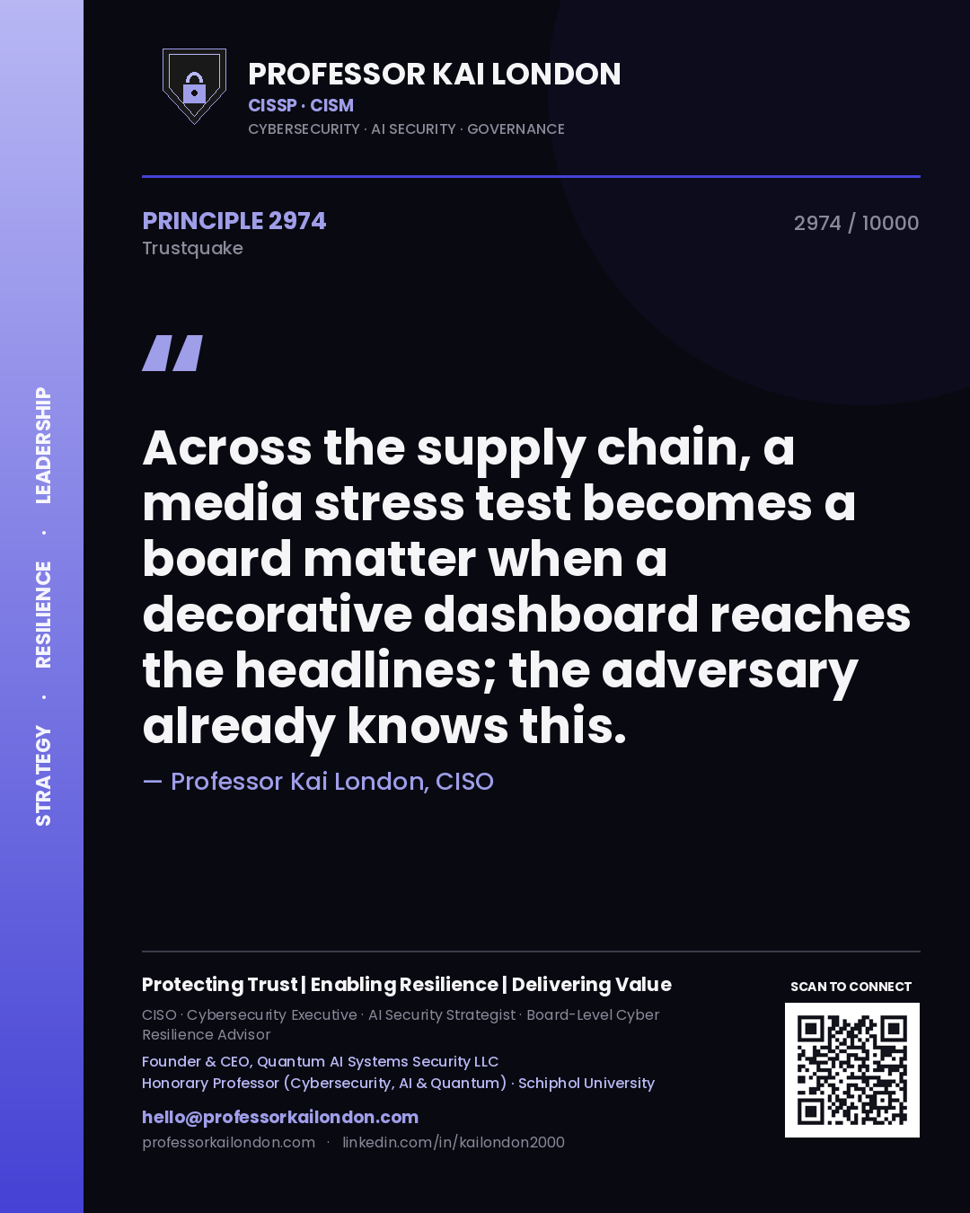 Quote card by Professor Kai London reading 'Across the supply chain, a media stress test becomes a board matter when a decorative dashboard reaches the headlines; the adversary already knows this.'. From the book Trustquake.