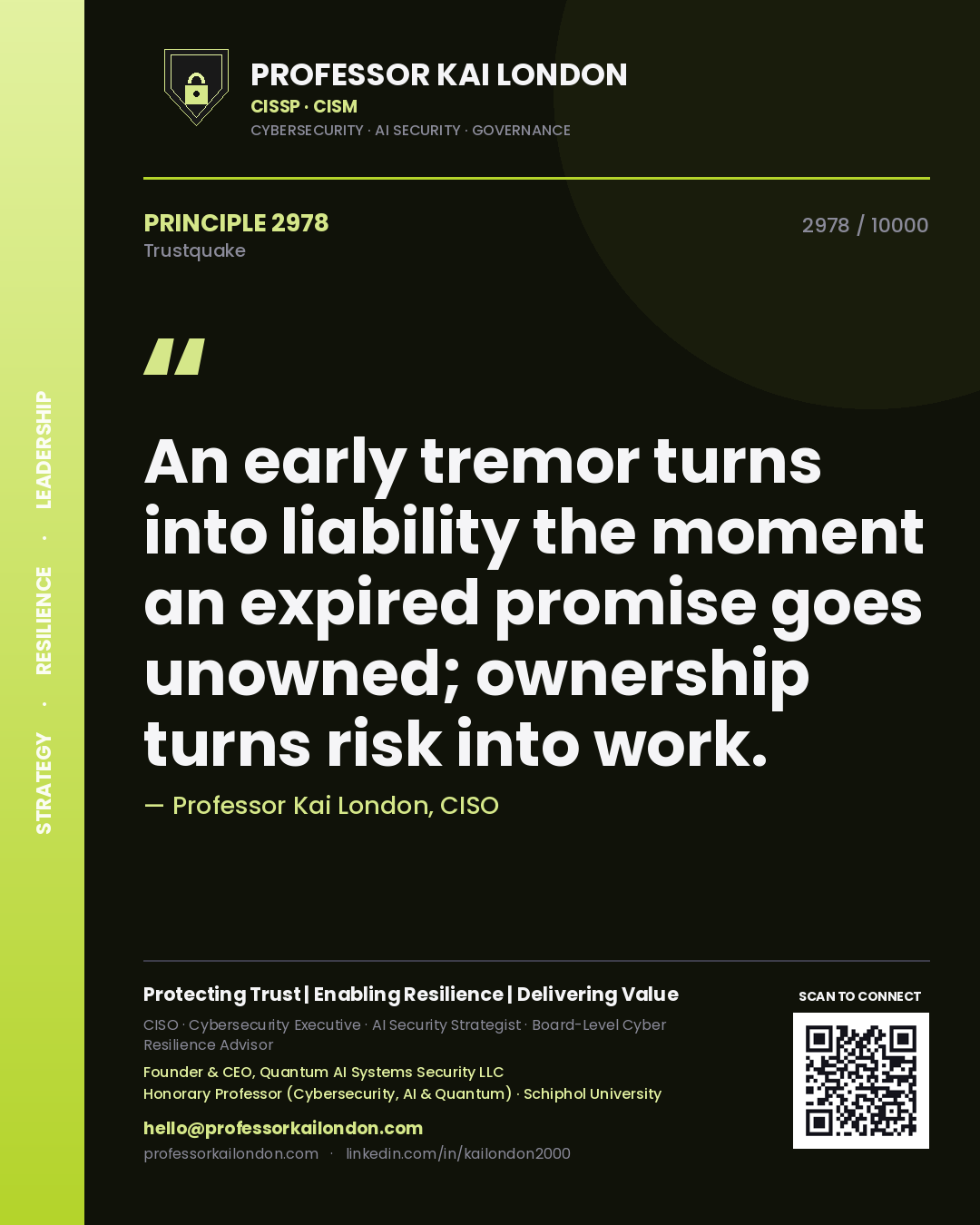 Quote card by Professor Kai London reading 'An early tremor turns into liability the moment an expired promise goes unowned; ownership turns risk into work.'. From the book Trustquake.
