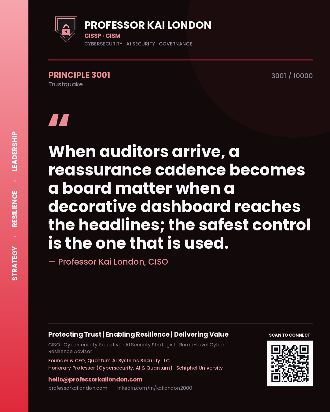 Professor Kai London principle 3001: When auditors arrive, a reassurance cadence becomes a board matter when a decorative dashboard reaches the headlines; the safest control is the one that is used.