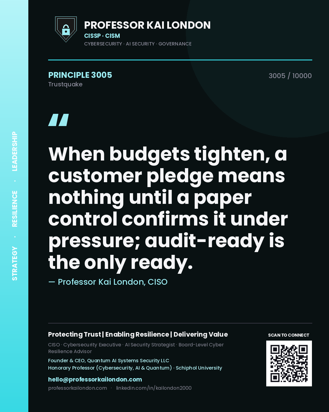 Professor Kai London principle 3005: When budgets tighten, a customer pledge means nothing until a paper control confirms it under pressure; audit-ready is the only ready.
