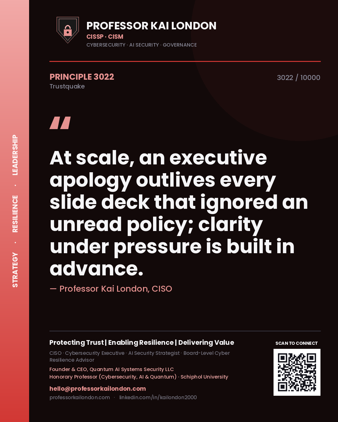 Quote card by Professor Kai London reading 'At scale, an executive apology outlives every slide deck that ignored an unread policy; clarity under pressure is built in advance.'. From the book Trustquake.