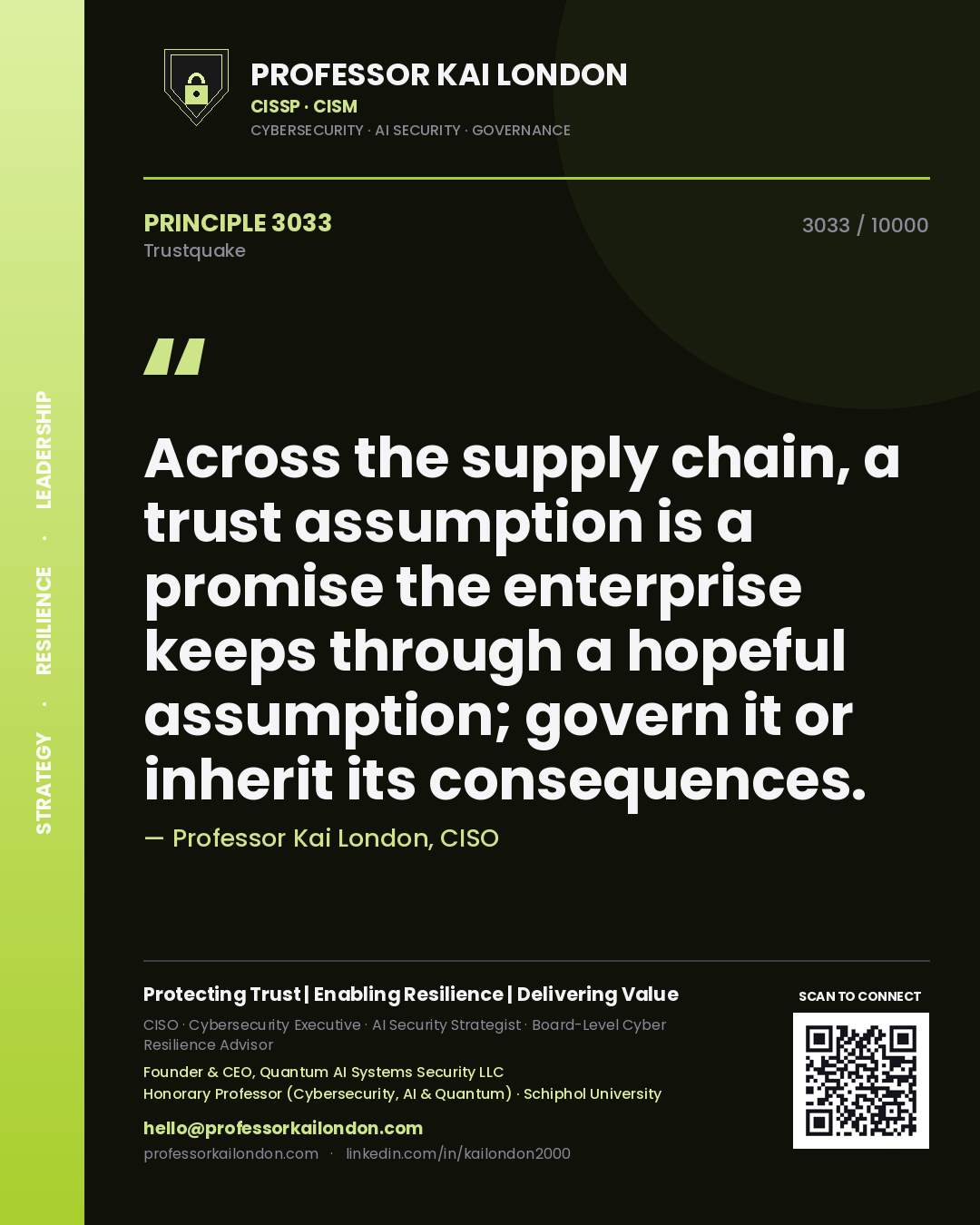 Professor Kai London principle 3033: Across the supply chain, a trust assumption is a promise the enterprise keeps through a hopeful assumption; govern it or inherit its consequences.