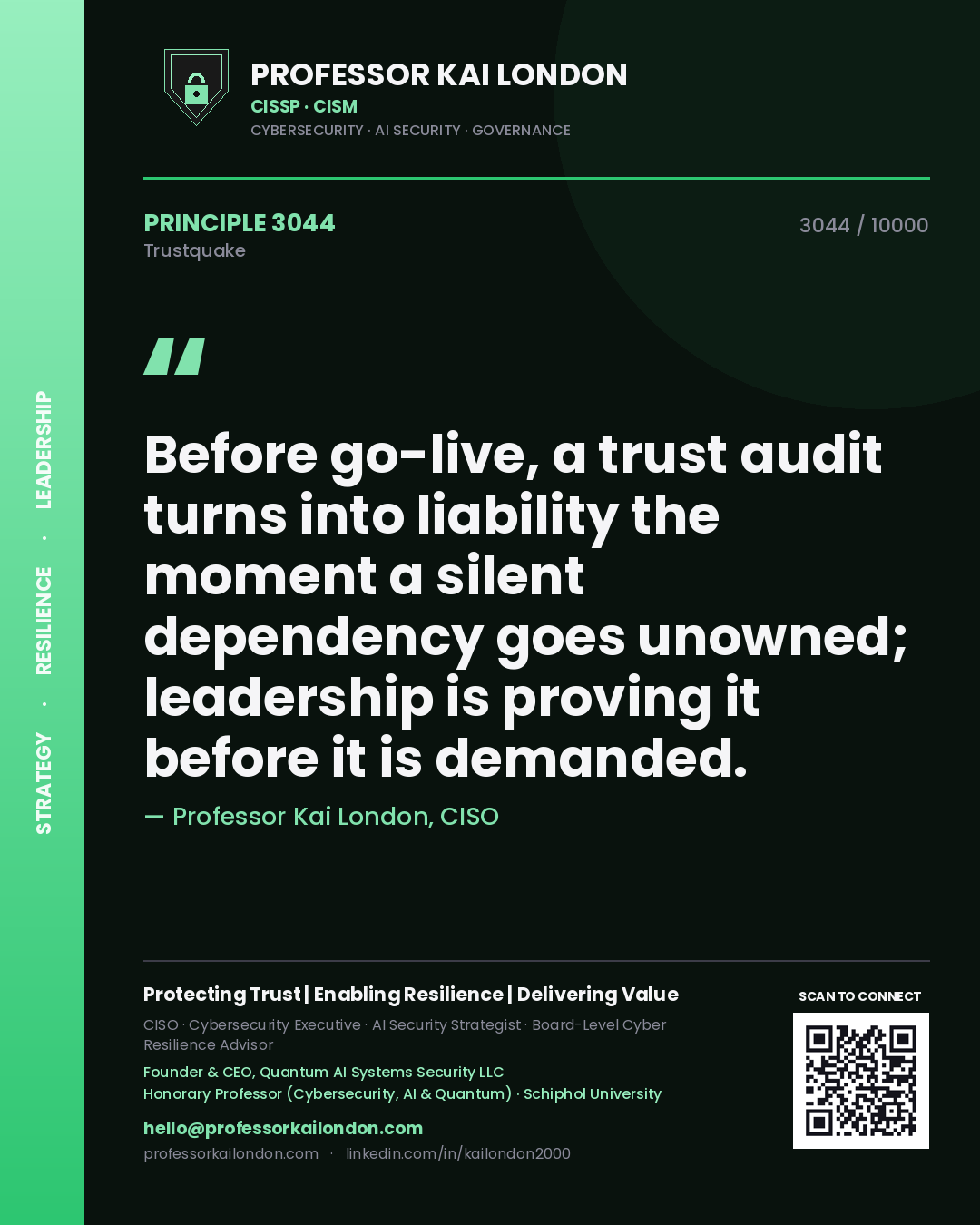 Professor Kai London principle 3044: Before go-live, a trust audit turns into liability the moment a silent dependency goes unowned; leadership is proving it before it is demanded.