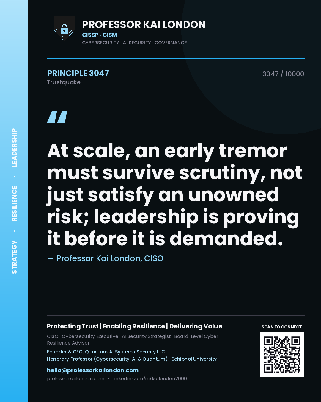 Professor Kai London principle 3047: At scale, an early tremor must survive scrutiny, not just satisfy an unowned risk; leadership is proving it before it is demanded.