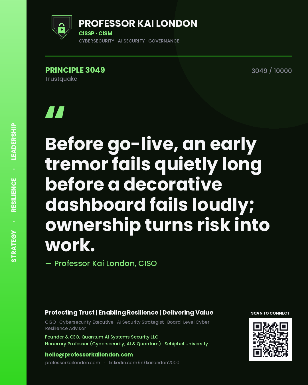 Quote card by Professor Kai London reading 'Before go-live, an early tremor fails quietly long before a decorative dashboard fails loudly; ownership turns risk into work.'. From the book Trustquake.