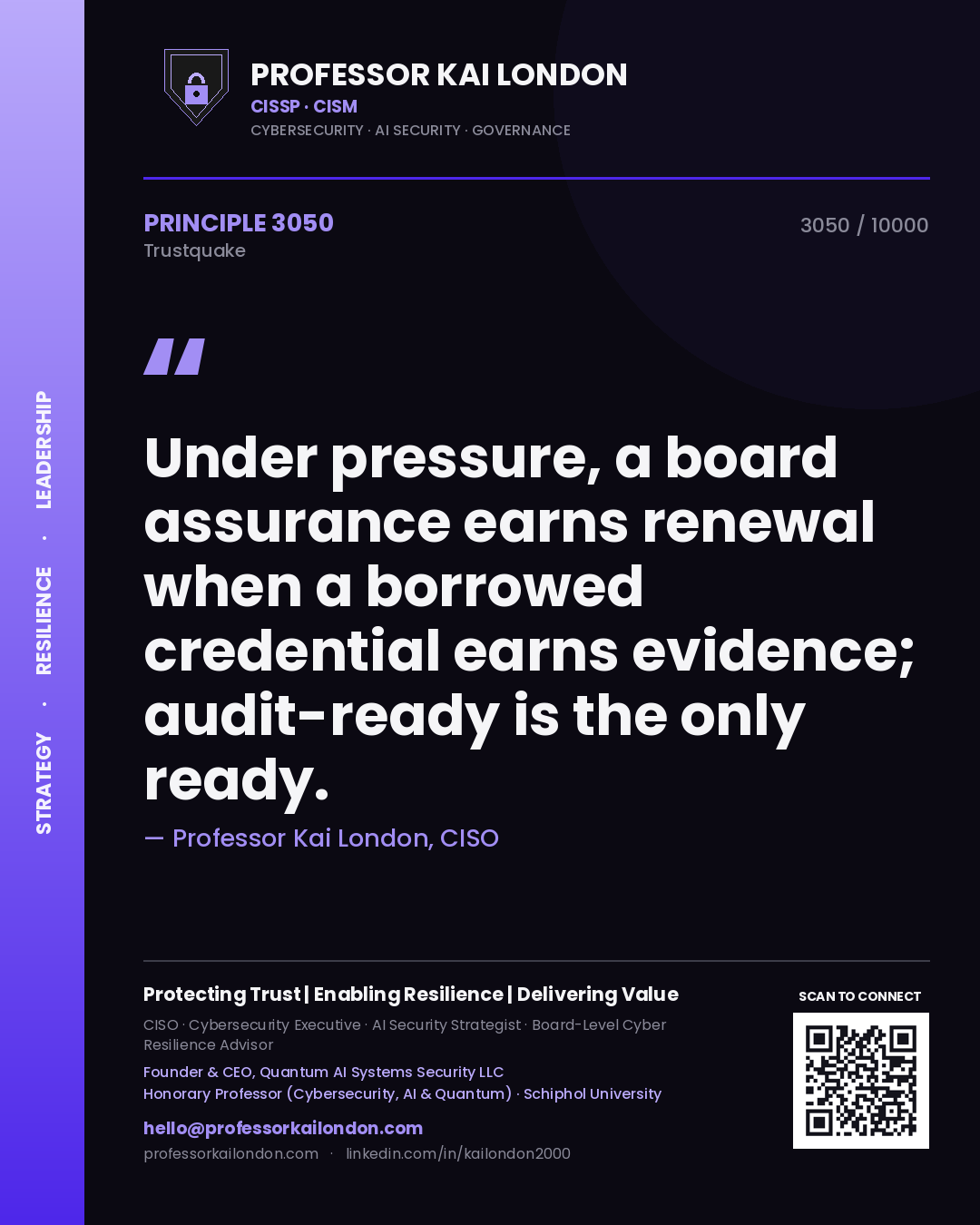 Professor Kai London principle 3050: Under pressure, a board assurance earns renewal when a borrowed credential earns evidence; audit-ready is the only ready.