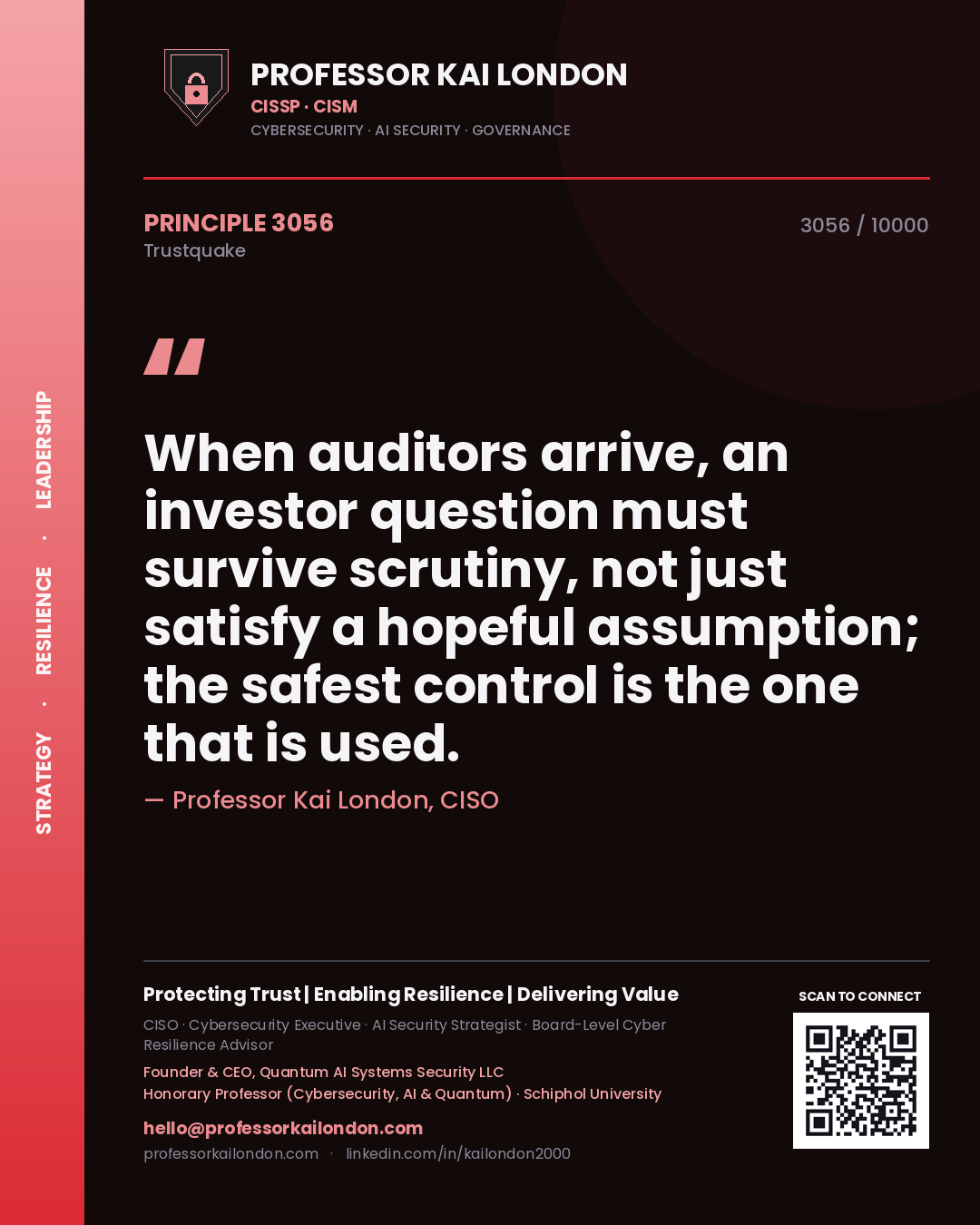 Professor Kai London principle 3056: When auditors arrive, an investor question must survive scrutiny, not just satisfy a hopeful assumption; the safest control is the one that is used.