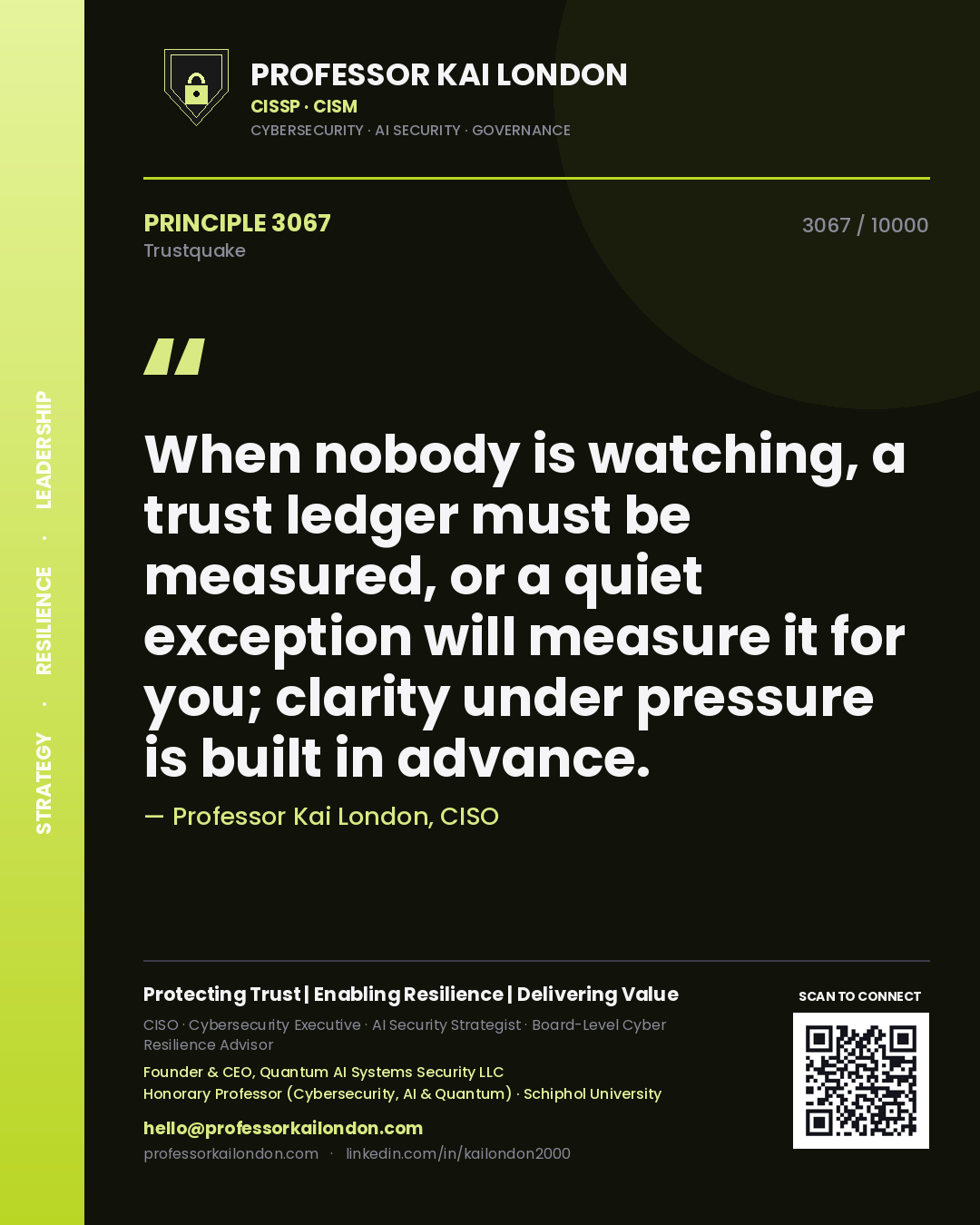 Professor Kai London principle 3067: When nobody is watching, a trust ledger must be measured, or a quiet exception will measure it for you; clarity under pressure is built in advance.