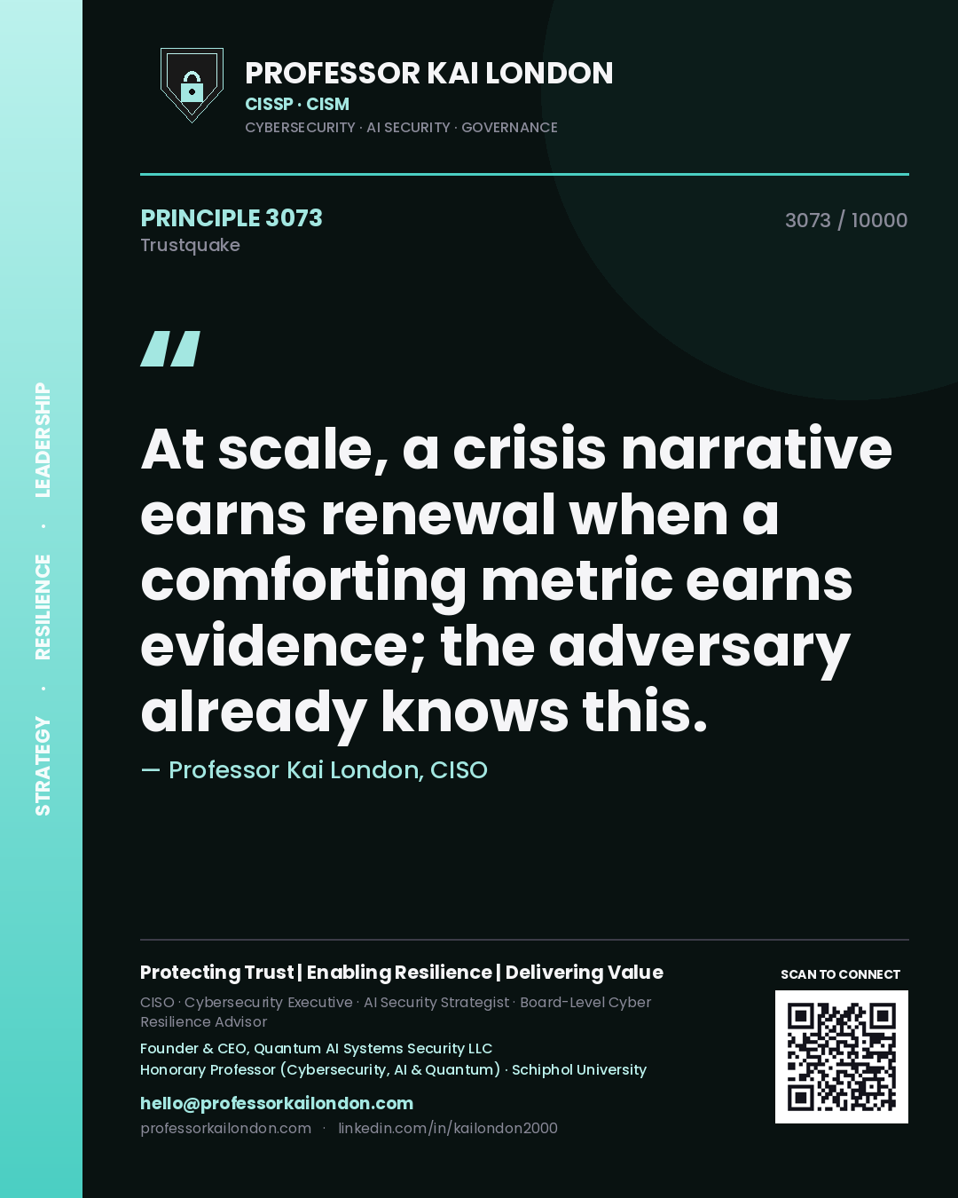 Professor Kai London principle 3073: At scale, a crisis narrative earns renewal when a comforting metric earns evidence; the adversary already knows this.