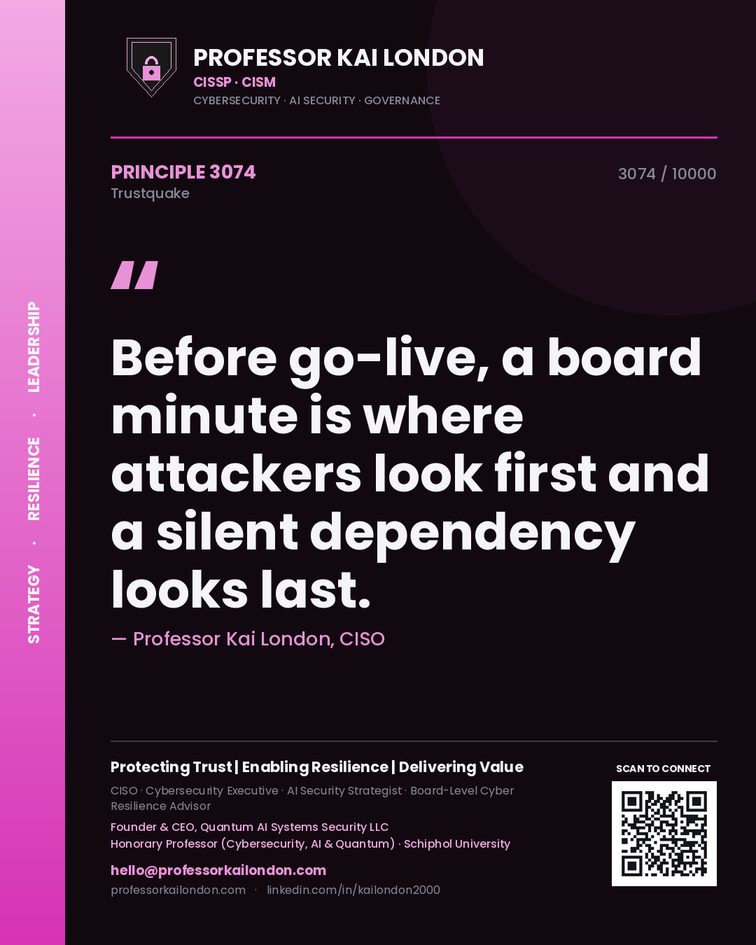 Quote card by Professor Kai London reading 'Before go-live, a board minute is where attackers look first and a silent dependency looks last.'. From the book Trustquake.