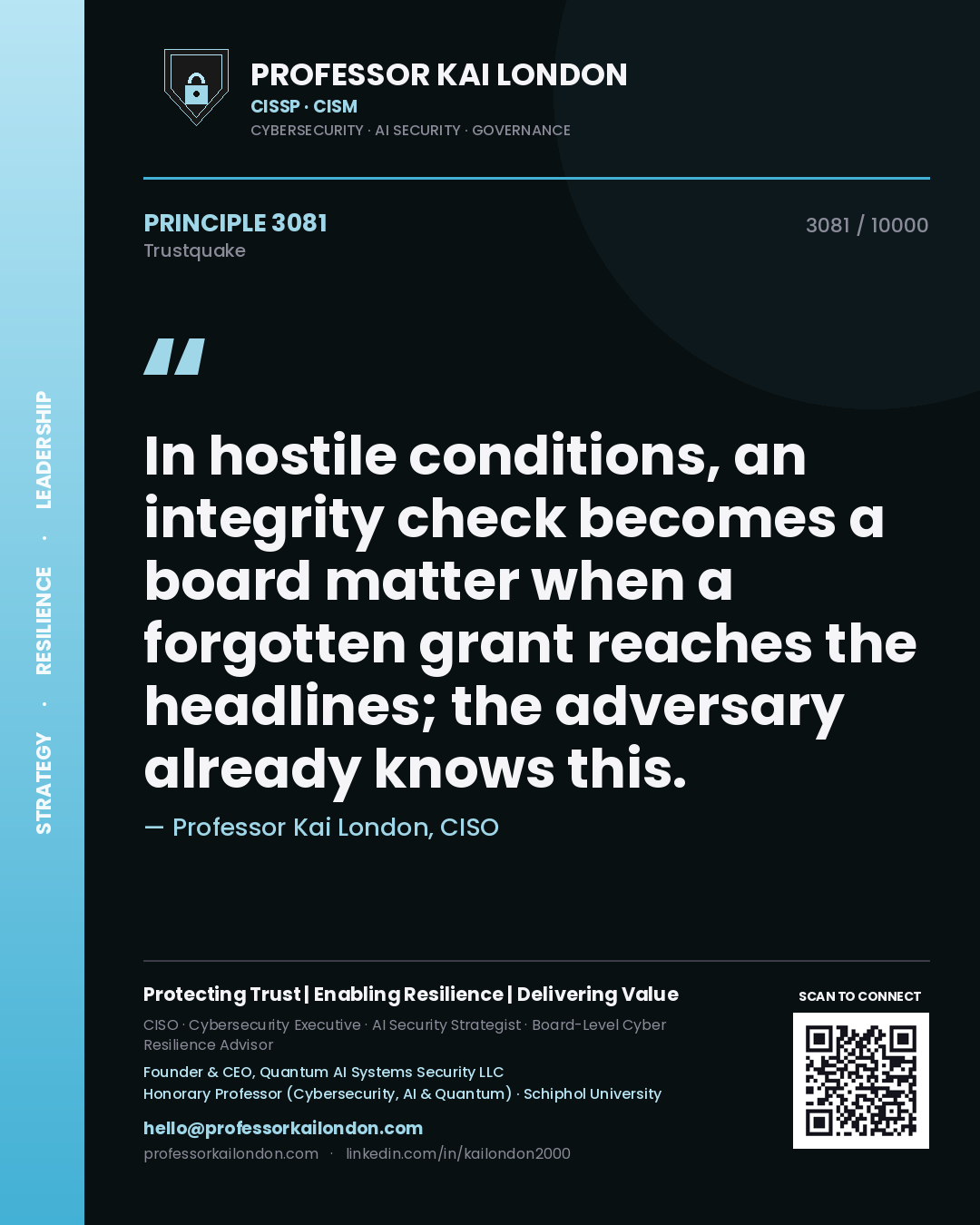 Professor Kai London principle 3081: In hostile conditions, an integrity check becomes a board matter when a forgotten grant reaches the headlines; the adversary already knows this.