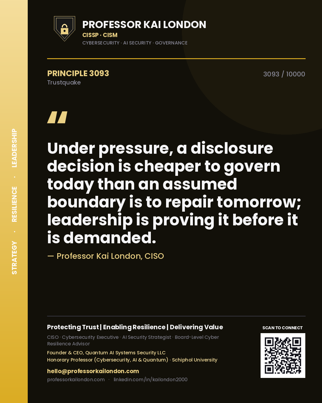 Professor Kai London principle 3093: Under pressure, a disclosure decision is cheaper to govern today than an assumed boundary is to repair tomorrow; leadership is proving it before it is demanded.