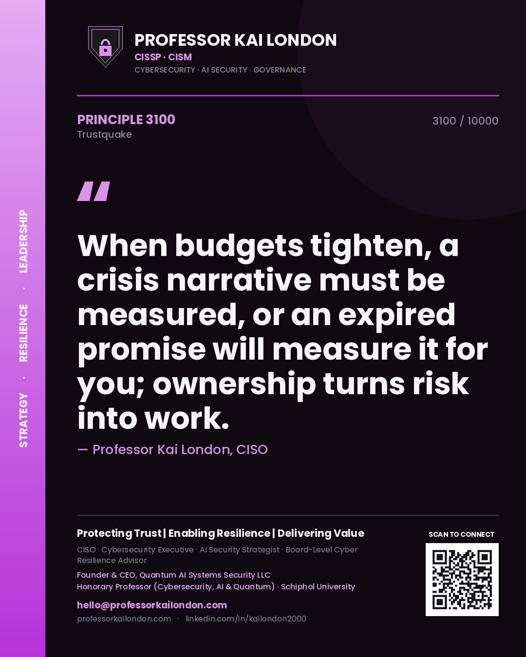 Quote card by Professor Kai London reading 'When budgets tighten, a crisis narrative must be measured, or an expired promise will measure it for you; ownership turns risk into work.'. From the book Trustquake.