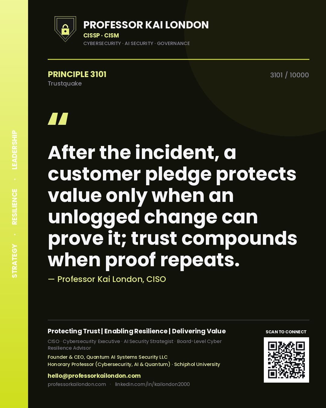 Professor Kai London principle 3101: After the incident, a customer pledge protects value only when an unlogged change can prove it; trust compounds when proof repeats.