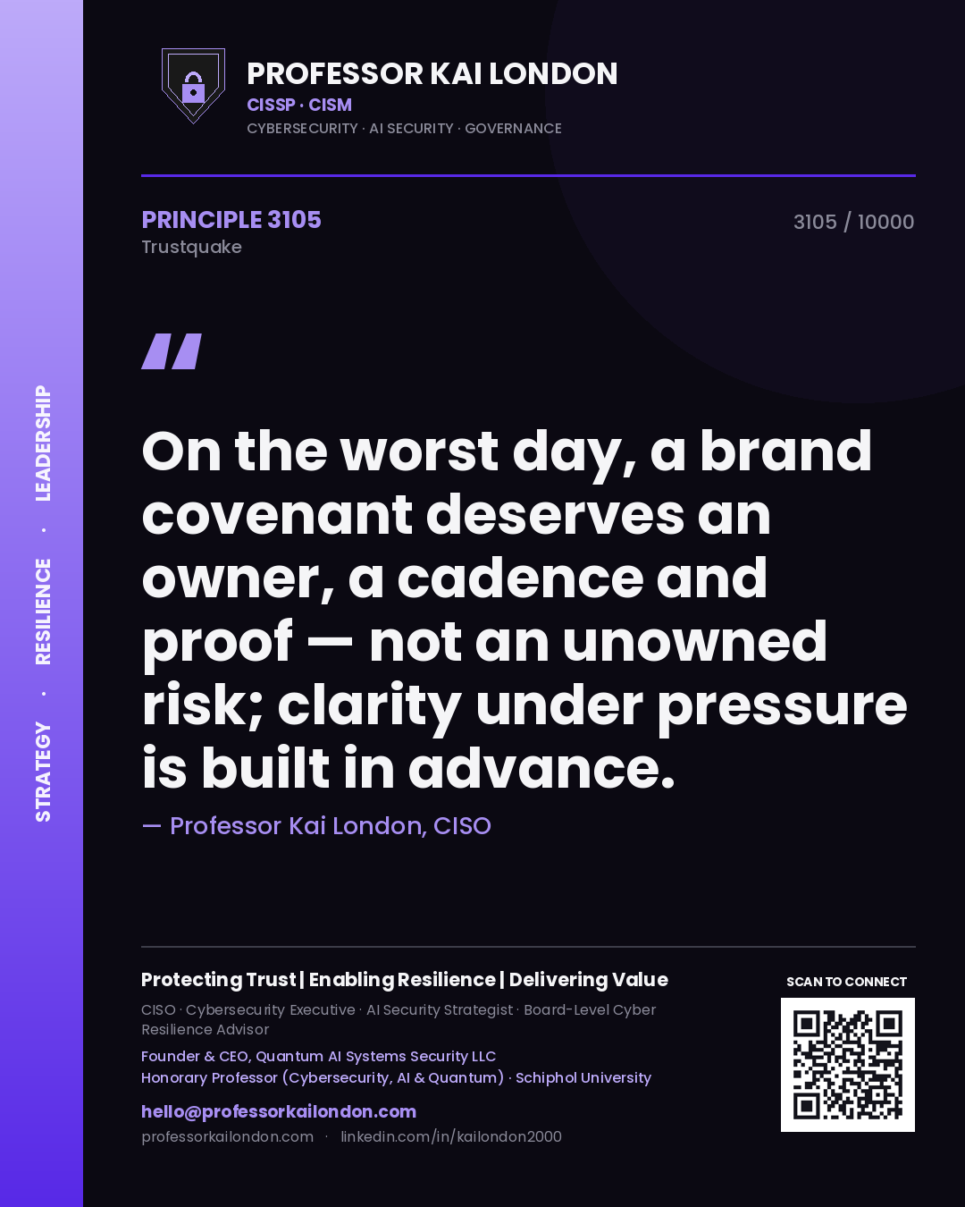 Quote card by Professor Kai London reading 'On the worst day, a brand covenant deserves an owner, a cadence and proof — not an unowned risk; clarity under pressure is built in advance.'. From the book Trustquake.