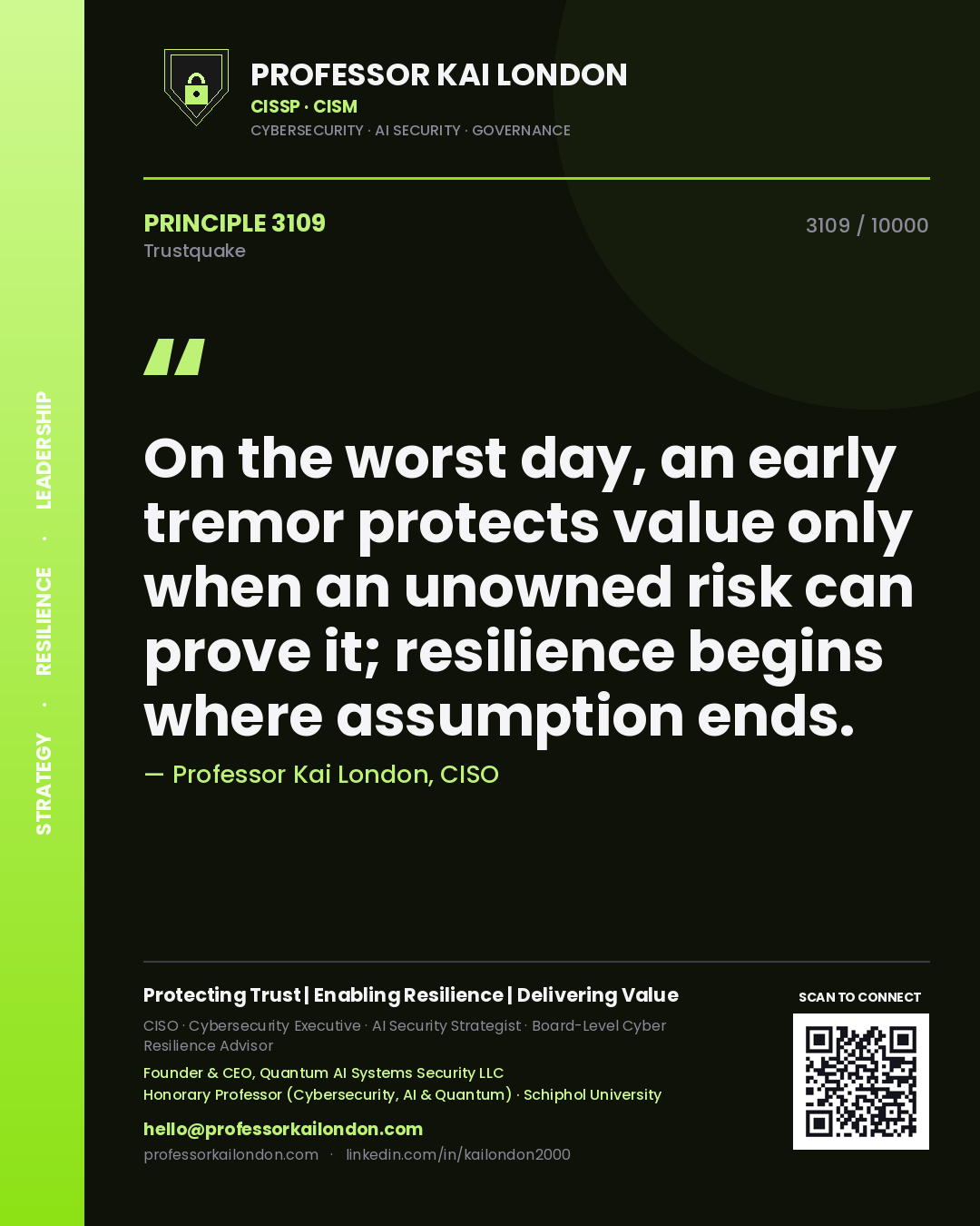 Professor Kai London principle 3109: On the worst day, an early tremor protects value only when an unowned risk can prove it; resilience begins where assumption ends.