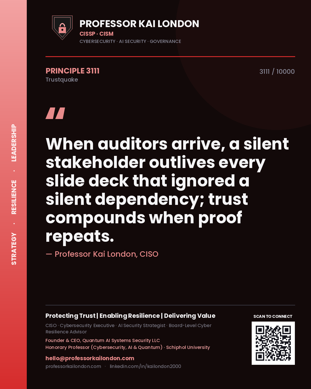 Professor Kai London principle 3111: When auditors arrive, a silent stakeholder outlives every slide deck that ignored a silent dependency; trust compounds when proof repeats.