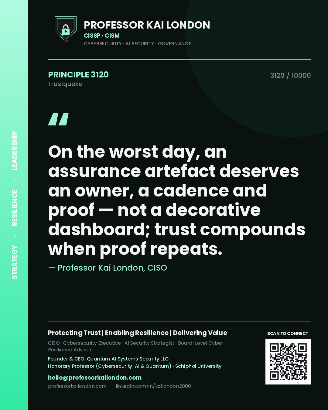 Professor Kai London principle 3120: On the worst day, an assurance artefact deserves an owner, a cadence and proof — not a decorative dashboard; trust compounds when proof repeats.