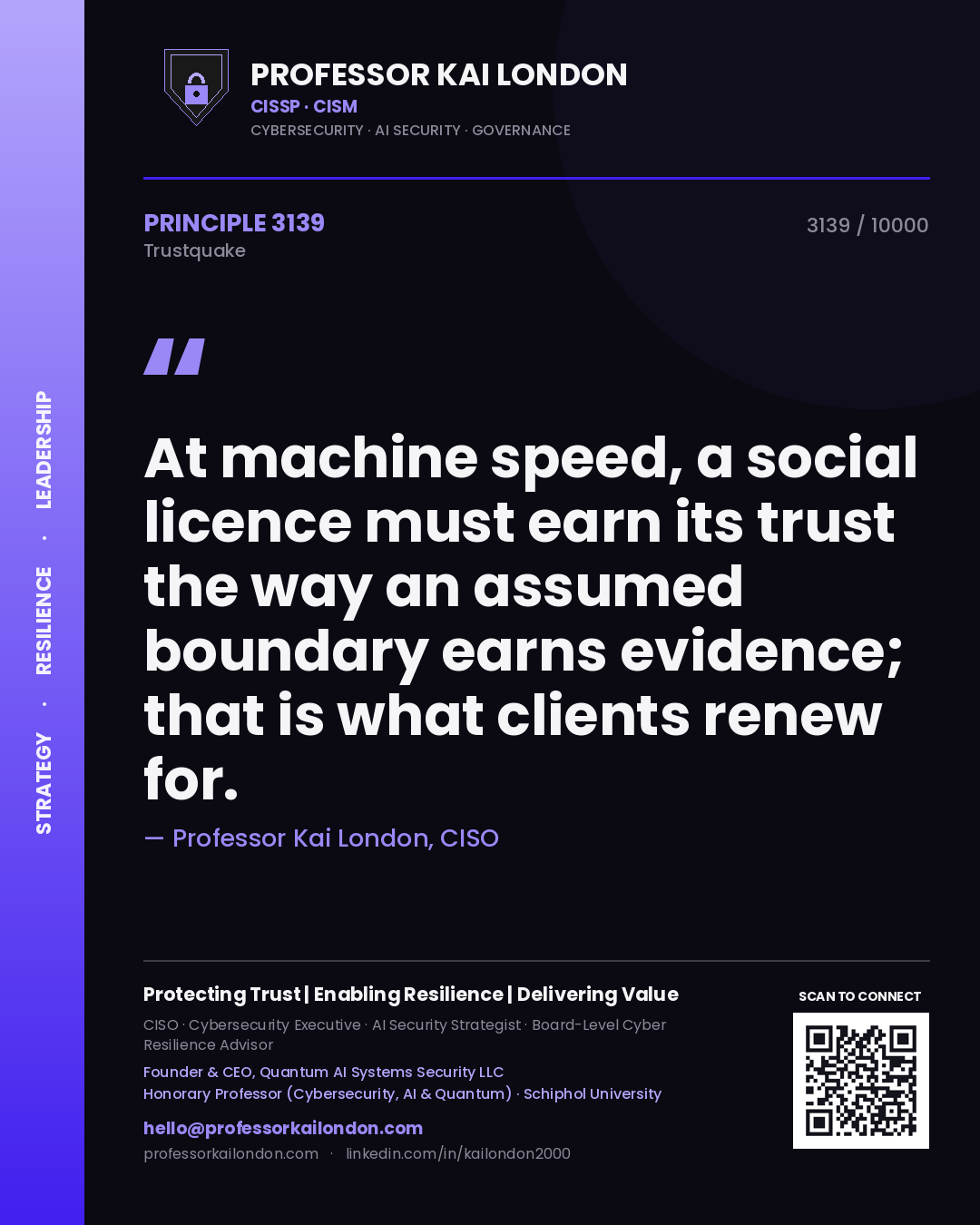 Professor Kai London principle 3139: At machine speed, a social licence must earn its trust the way an assumed boundary earns evidence; that is what clients renew for.