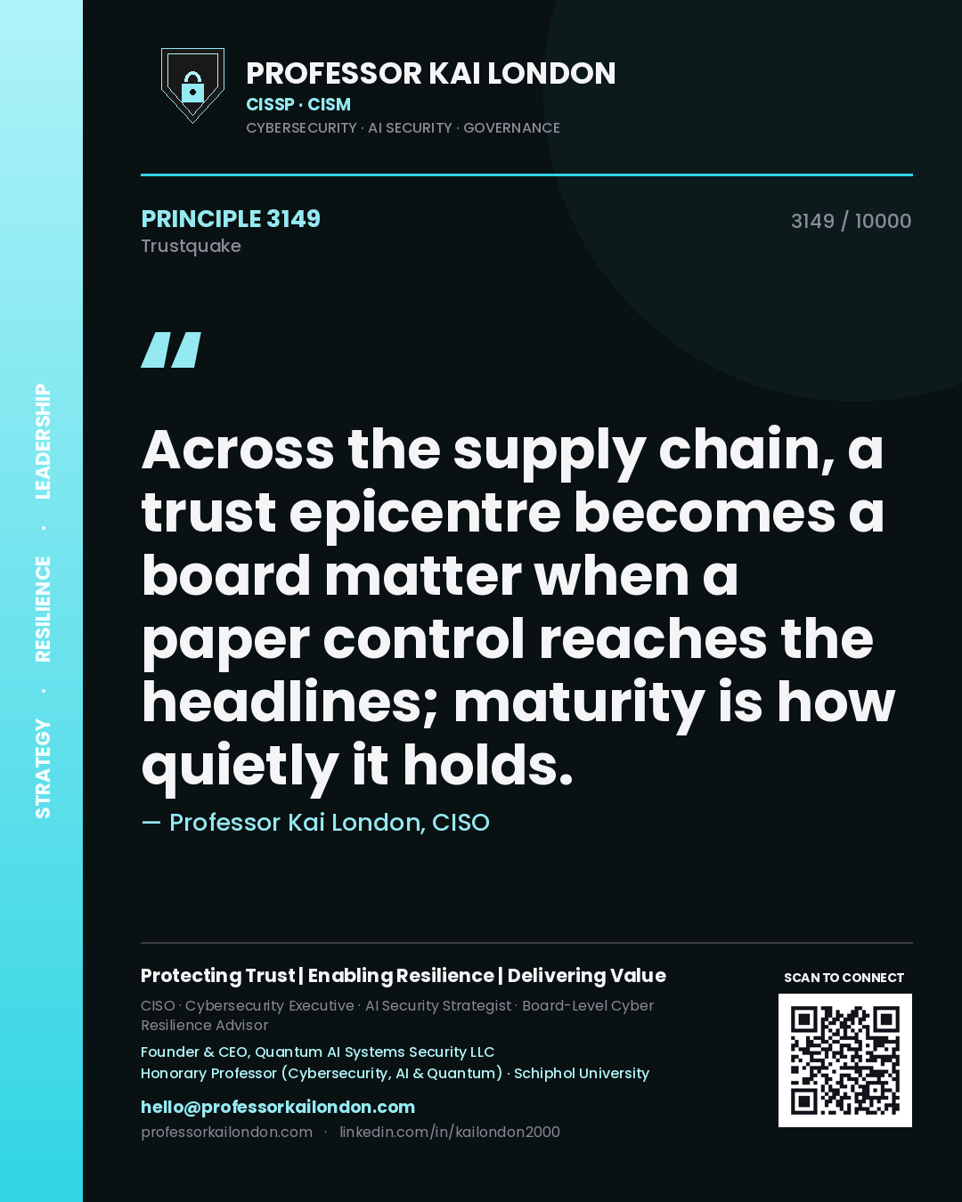 Professor Kai London principle 3149: Across the supply chain, a trust epicentre becomes a board matter when a paper control reaches the headlines; maturity is how quietly it holds.