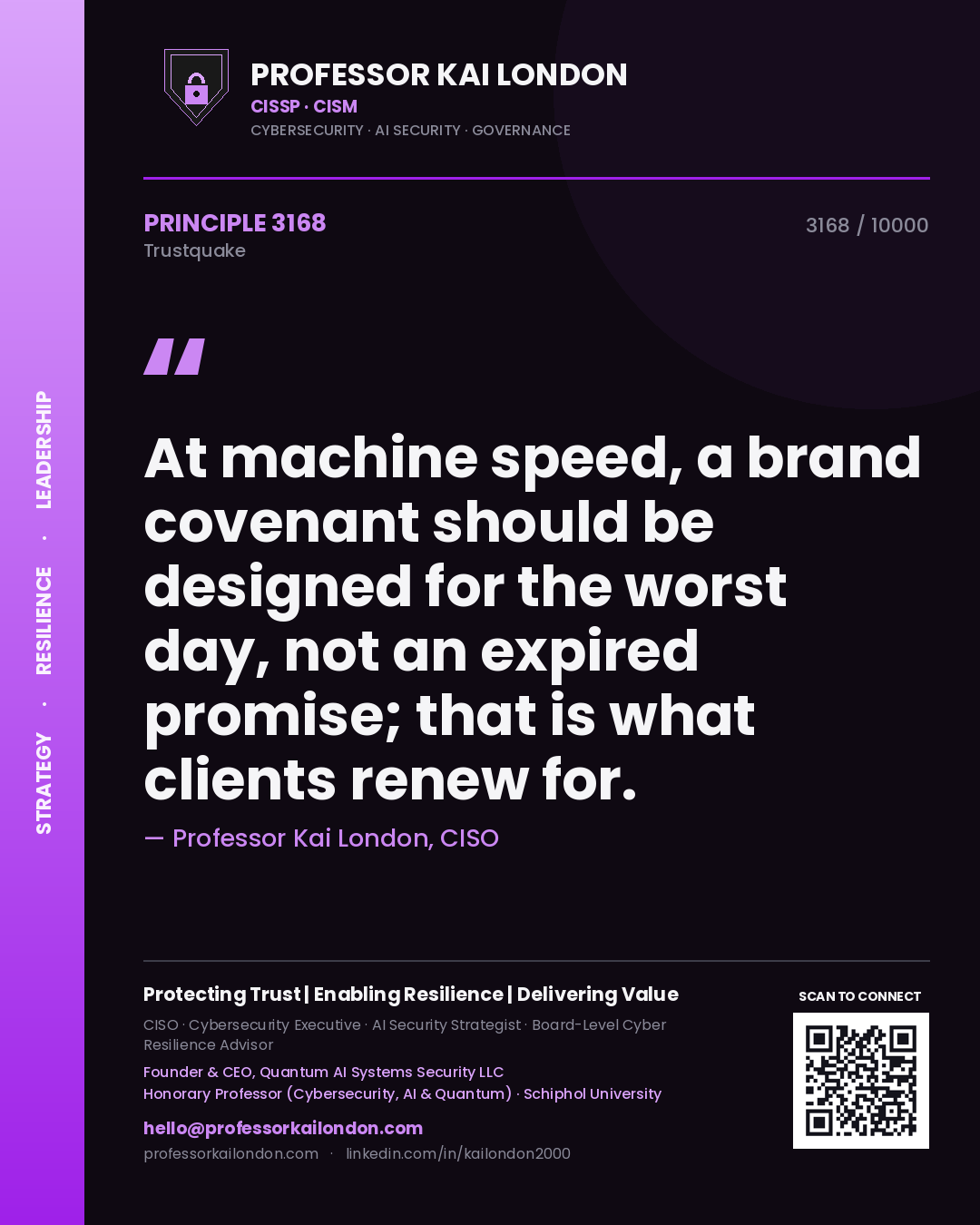 Professor Kai London principle 3168: At machine speed, a brand covenant should be designed for the worst day, not an expired promise; that is what clients renew for.