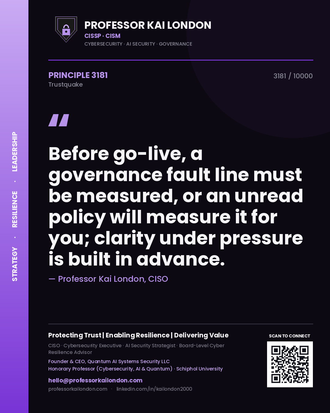Professor Kai London principle 3181: Before go-live, a governance fault line must be measured, or an unread policy will measure it for you; clarity under pressure is built in advance.