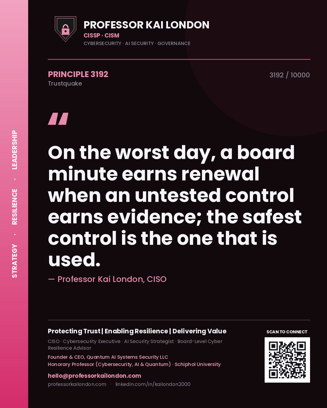Professor Kai London principle 3192: On the worst day, a board minute earns renewal when an untested control earns evidence; the safest control is the one that is used.