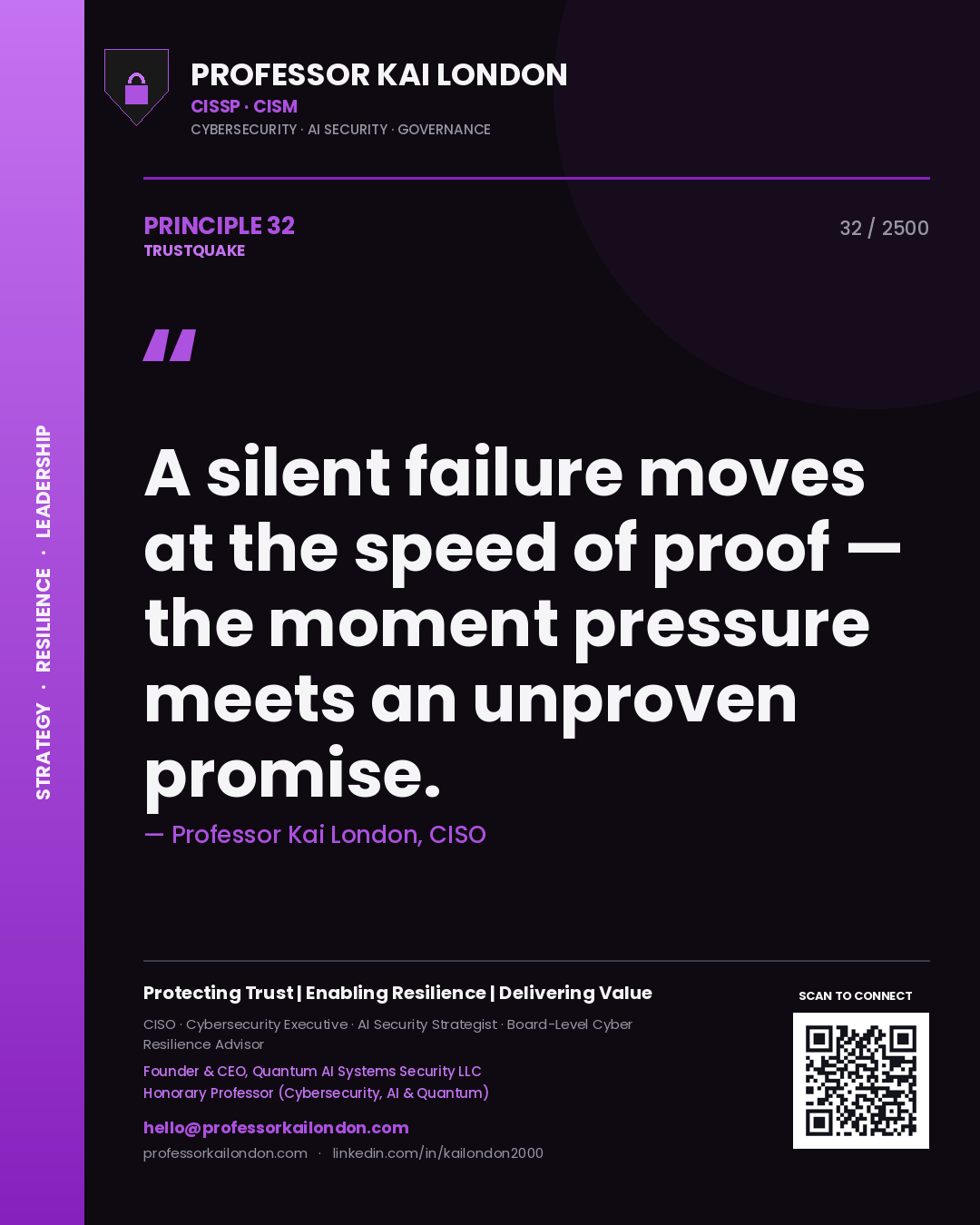 Professor Kai London principle 32: A silent failure moves at the speed of proof — the moment pressure meets an unproven promise.