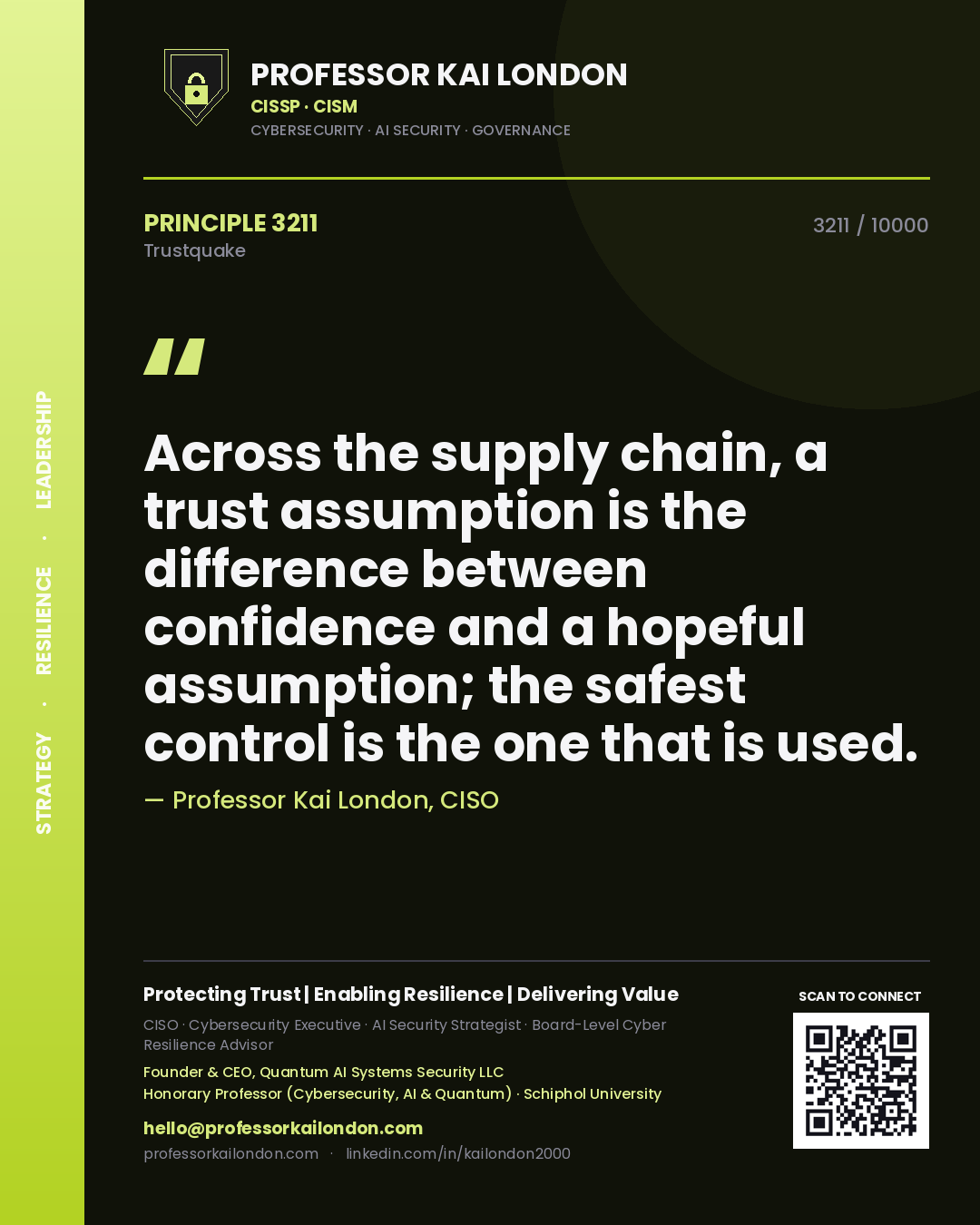 Professor Kai London principle 3211: Across the supply chain, a trust assumption is the difference between confidence and a hopeful assumption; the safest control is the one that is used.