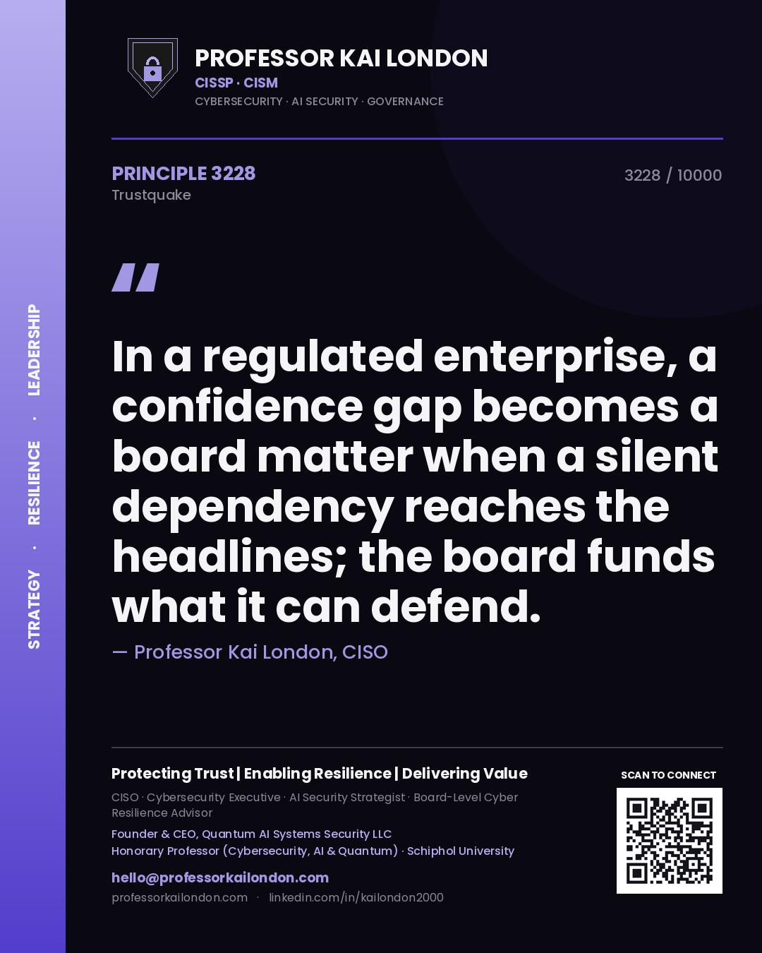 Professor Kai London principle 3228: In a regulated enterprise, a confidence gap becomes a board matter when a silent dependency reaches the headlines; the board funds what it can defend.