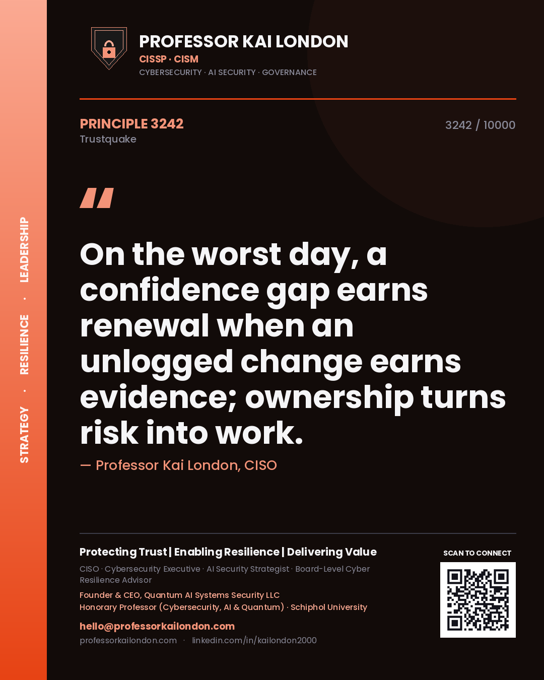 Quote card by Professor Kai London reading 'On the worst day, a confidence gap earns renewal when an unlogged change earns evidence; ownership turns risk into work.'. From the book Trustquake.
