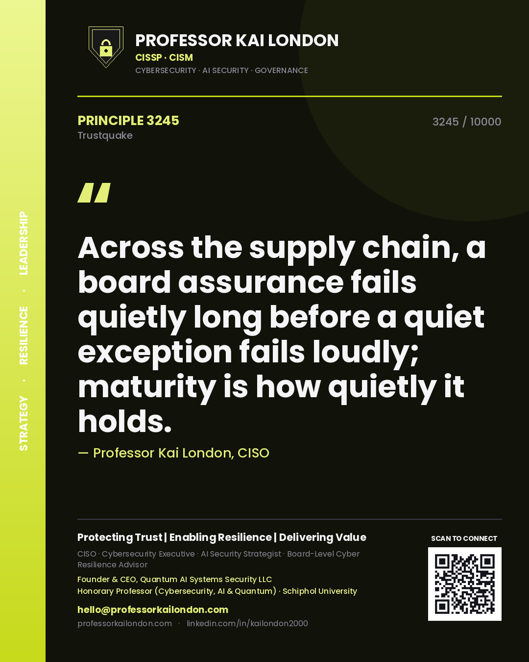 Professor Kai London principle 3245: Across the supply chain, a board assurance fails quietly long before a quiet exception fails loudly; maturity is how quietly it holds.