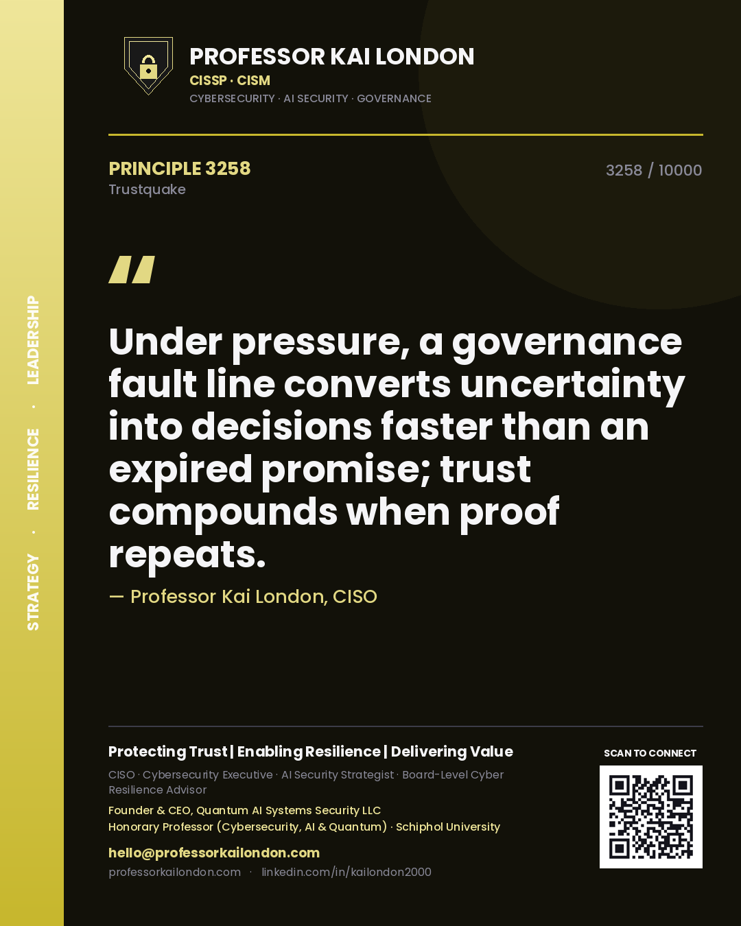 Quote card by Professor Kai London reading 'Under pressure, a governance fault line converts uncertainty into decisions faster than an expired promise; trust compounds when proof repeats.'. From the book Trustquake.