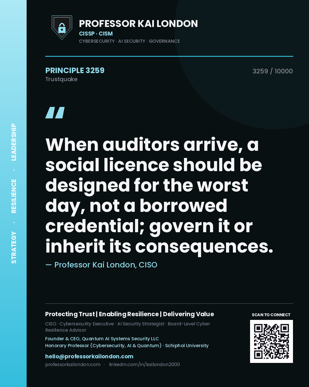 Professor Kai London principle 3259: When auditors arrive, a social licence should be designed for the worst day, not a borrowed credential; govern it or inherit its consequences.