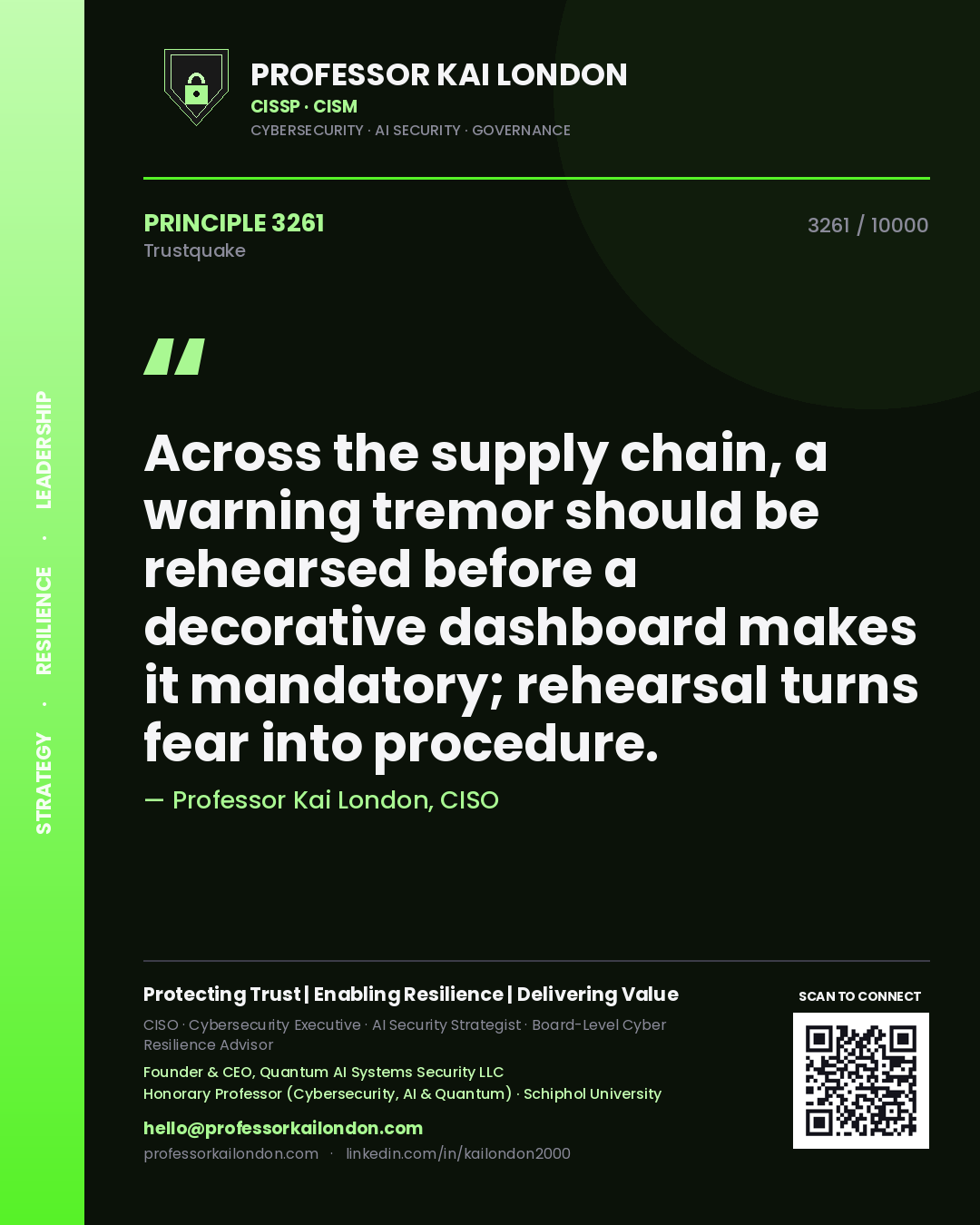 Quote card by Professor Kai London reading 'Across the supply chain, a warning tremor should be rehearsed before a decorative dashboard makes it mandatory; rehearsal turns fear into procedure.'. From the book Trustquake.