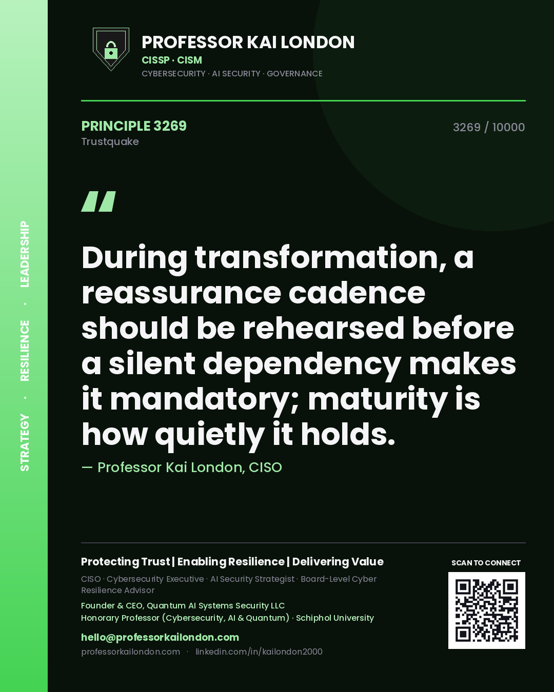 Professor Kai London principle 3269: During transformation, a reassurance cadence should be rehearsed before a silent dependency makes it mandatory; maturity is how quietly it holds.