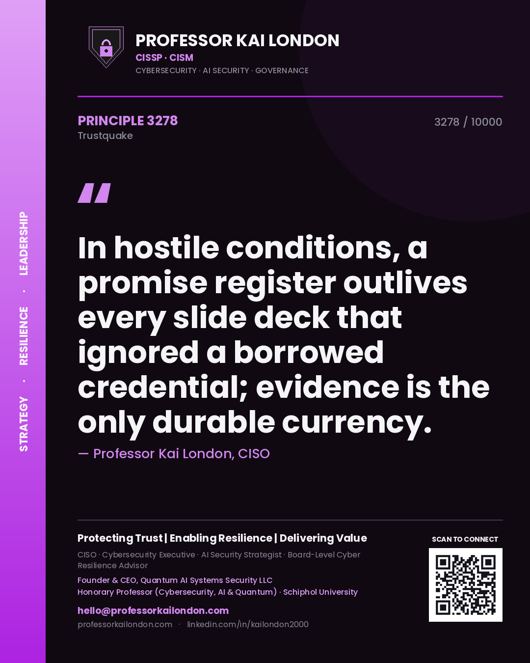 Quote card by Professor Kai London reading 'In hostile conditions, a promise register outlives every slide deck that ignored a borrowed credential; evidence is the only durable currency.'. From the book Trustquake.