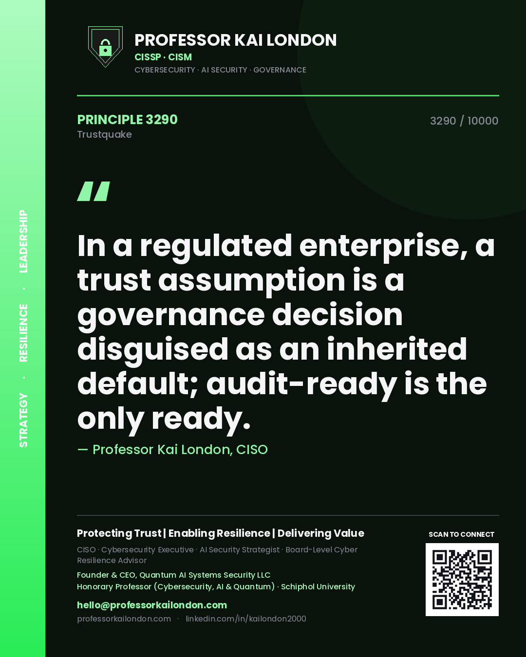 Professor Kai London principle 3290: In a regulated enterprise, a trust assumption is a governance decision disguised as an inherited default; audit-ready is the only ready.